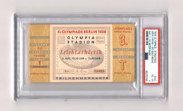 JESSE OWENS 1936 Olympics 1st Gold Medal 100M Final Full Ticket PSA4 RC Top RARE