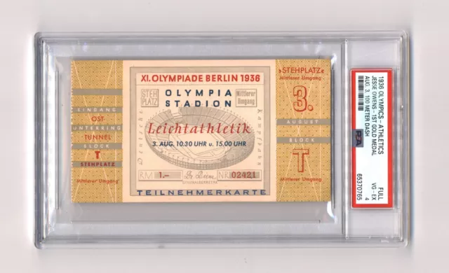 JESSE OWENS 1936 Olympics 1st Gold Medal 100M Final Full Ticket PSA4 RC Top RARE JESSE OWENS 1936 Olympics 1st Gold Medal 100M Final Full Ticket PSA4 RC Top RARE