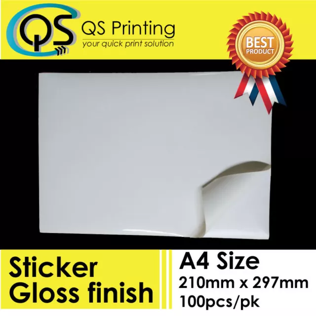 100 x A4 White Glossy Self Adhesive Sticker Paper Sheet Label Laser Print