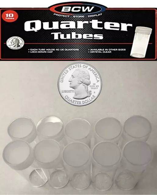 10 Round Quarter Coin Storage Tubes Clear Plastic Lot w Screw Caps BCW Free Post