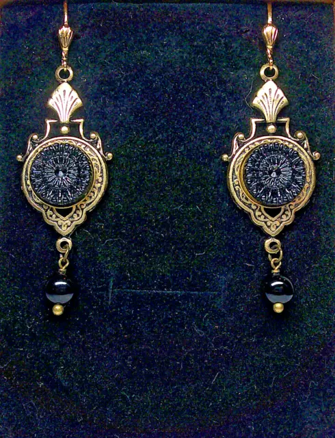 Victorian Art Nouveau Antique Brass Black Tile Glass  Earrings