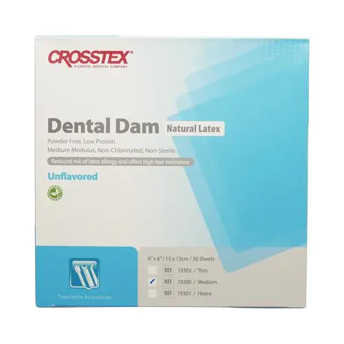 Crosstex 19300 Dental Dam Medium Unflavored Latex Blue 6" x 6" 36/Pk