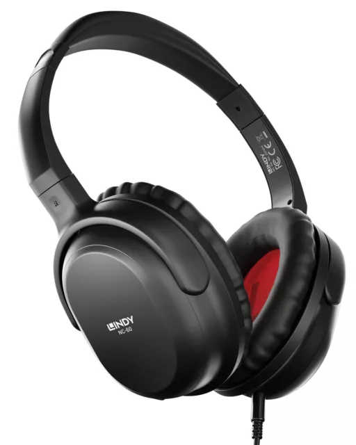 Lindy NC-60 Wired Active Noise Cancelling (ANC) Headphones, 40mm Drivers, 72hrs