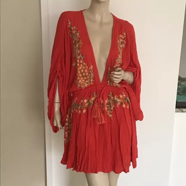 Free People Pretty Pineapple Poppy Red Embroidered Floral Boho Mini Dress M