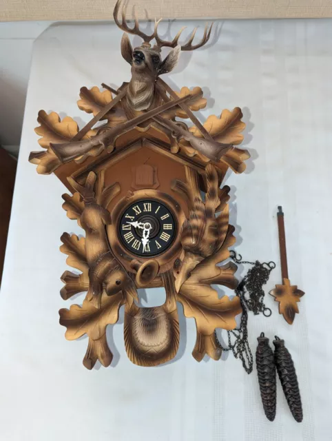 Very Nice Vintage German Black Forest  16" Tall Ornate Hunter Deer Cuckoo Clock