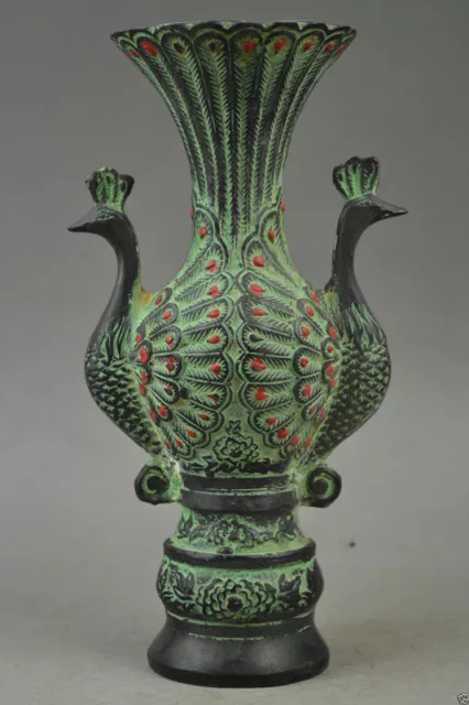 Collecti Chinese Bronze Handwork carved Auspicious Noble Peacock Vase 21258