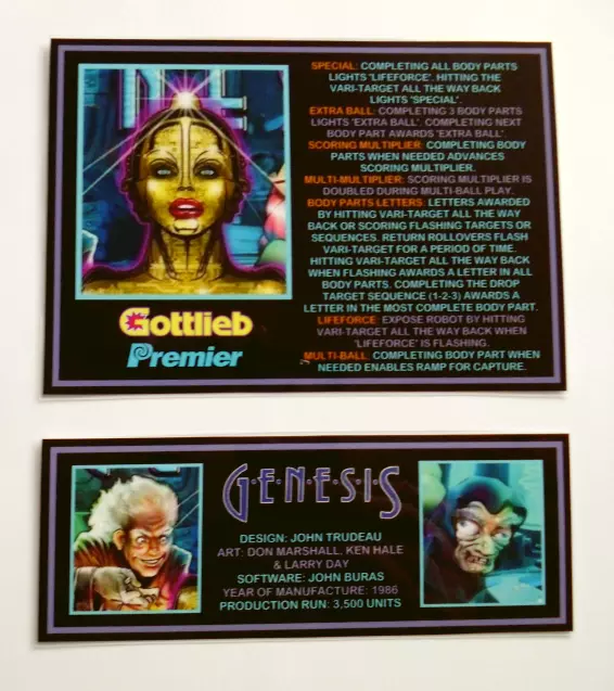 * 'GENESIS' Gottlieb 1986 Custom Instruction/Apron Cards (New) *