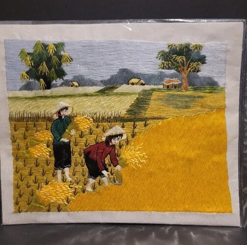 Hand Embroidery Asian Farmers in Rice Field Art Picture