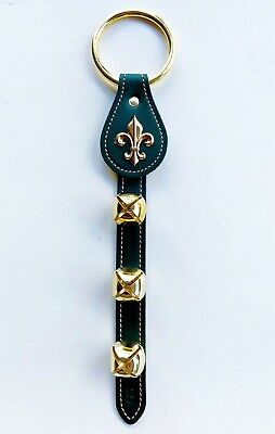 Bells - Green Leather Bell Strap With Fleur De Lis Charm & Brass Plated Bells