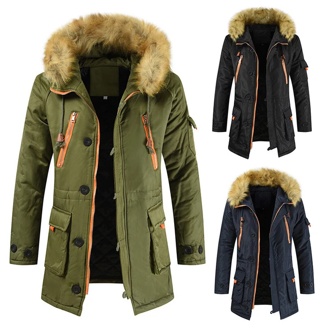 Men Parka Padded Quilted Fleece Lined Fur Hooded Winter Jacket Heavy Warm Coat ღ