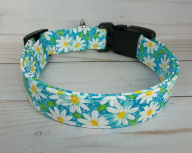 White Daisy Daisies flowers aqua fabric Terri's Dog Collars handmade adjustable