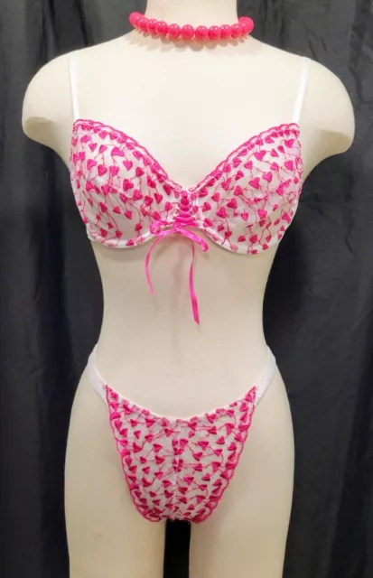 PINK HEARTS LINGERIE SET Bra 36B Thong Medium LACED RIBBON & BOWS