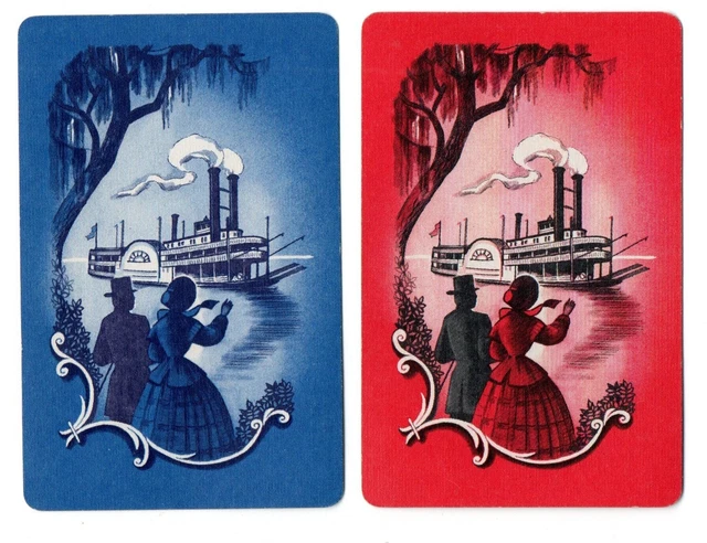 Pair of Monochrome, Steam boat playing Cards featuring people