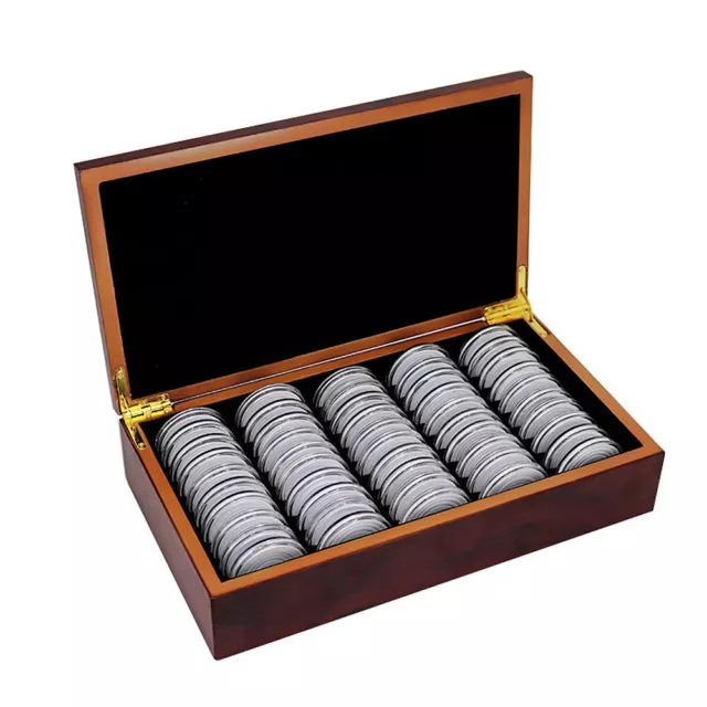 50pcs 46MM Coin Capsules Storage Boxes W/ Wooden Case Holder Collection Display