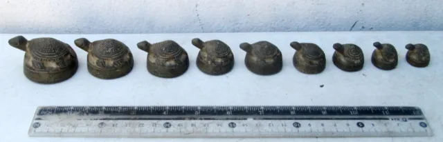 Superb Old Bronze Opium Weight Set 9 Sea Turtles