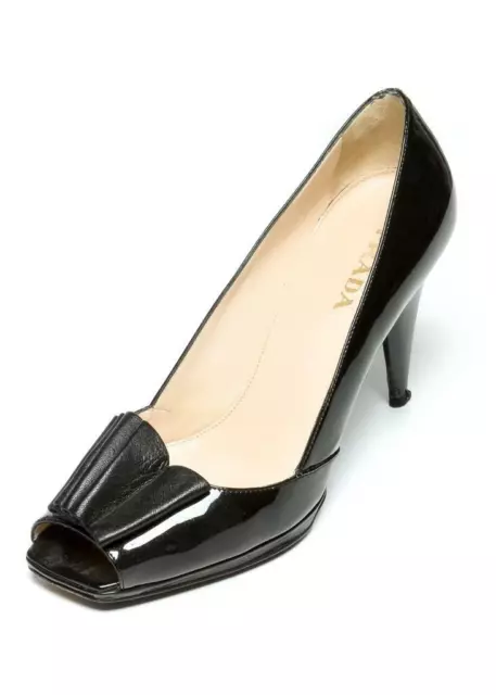 PRADA Black Metallic Patent Leather Womens High Heel Peep-Toe Pumps 8-38