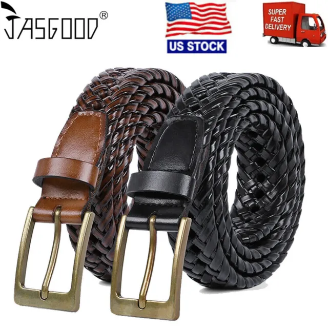 Unisex Braided Belts Leather Casual Woven Belt For Pant Jeans Gold Pin Buckle US