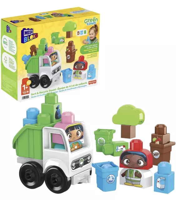 MEGA BLOKS Fisher Price blocchi da costruzione per bambini, squadra di ordinamento e riciclaggio città verde