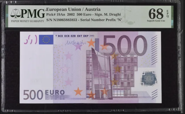 AUSTRIA 500 Euro 2002 N-serie, Draghi Sign, PMG 68, F007, TOP POP
