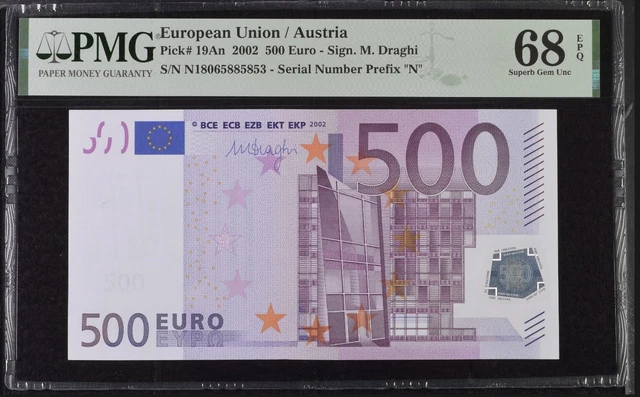 AUSTRIA 500 Euro 2002 N-serie, Draghi Sign, PMG 68, F007, TOP POP AUSTRIA 500 Euro 2002 N-serie, Draghi Sign, PMG 68, F007, TOP POP