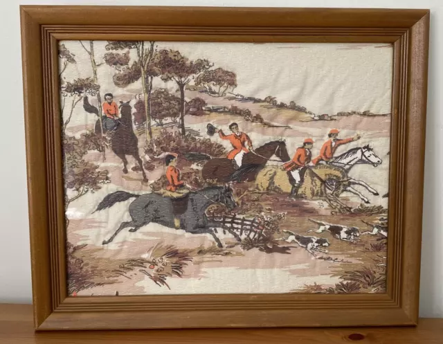 Vintage Wood Framed 3D Fabric Horse Equestrian English Hunting Scene Wall Decor
