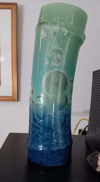 Studio Art Ceramic Vase Bamboo shape blue crystalline glaze