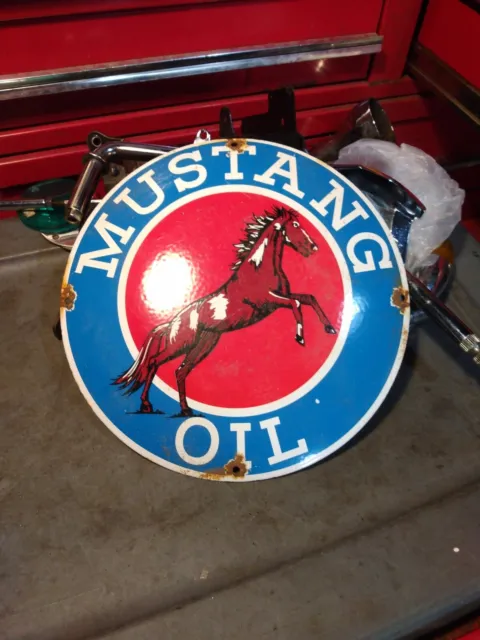 VINTAGE Porcelain Gas Station Sign 11-3/4" Mustang Oil Porcelain Over Steel Sign