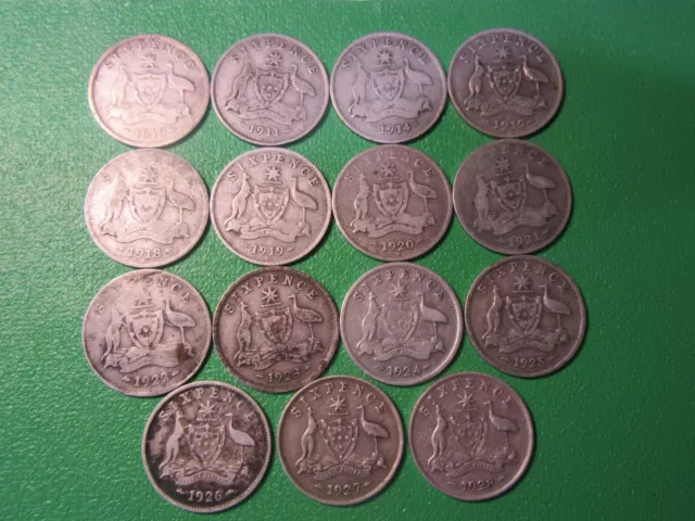 Sixpences  1910 - 1928    15 Coins   92%  Silver