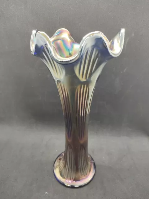 c1915 ANTIQUE IRIDESCENT FENTON CARNIVAL GLASS DIAMOND & RIB BLUE AMETHYST VASE