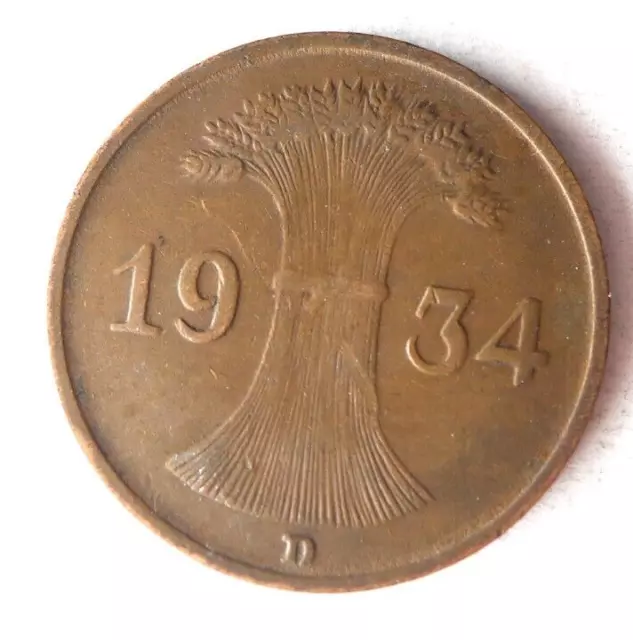 1934 D WEIMAR GERMANY REICHSPFENNIG - Great Coin German Bin #17