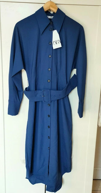 ZARA Premium Wool Blend Navy Blue Belted Midi Shirt Dress XS S M