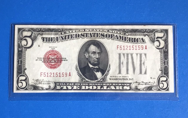 1928 C  $5 FIVE DOLLAR UNITED STATES  BANKNOTE  RED SEAL  AU+ ON SALE!!  (c322)
