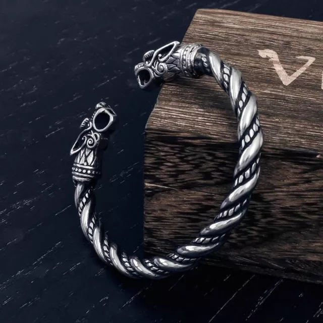 MENDEL 7 Inch Mens Stainless Steel Norse Viking Wolf Head Cuff Bracelet Arm Ring