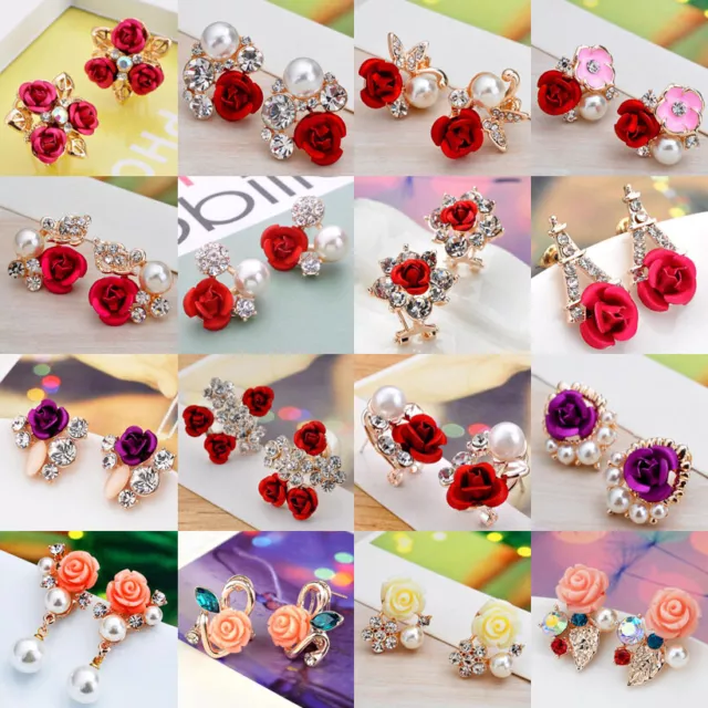 Women Elegant Rose Crystal Rhinestone Ear Stud Flower Earrings Fashion Jewelry