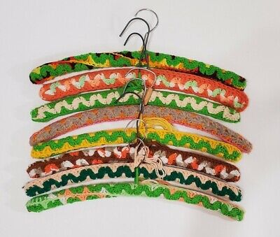 Vintage Crochet Covered Hangers Handmade Lot of 8 Patterned Green Orange Yellow