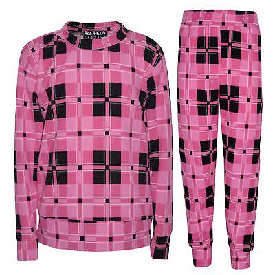 Girls Tracksuit Kids Pink Checked Print Lounge Suit Top Bottom Joggers 7-13 Yr