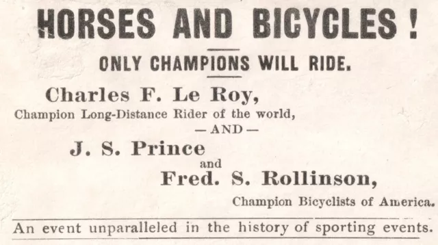 1882 HORSE VS Bicycle Race Boston Grand Casino Track Charles LeRoy Ad ...