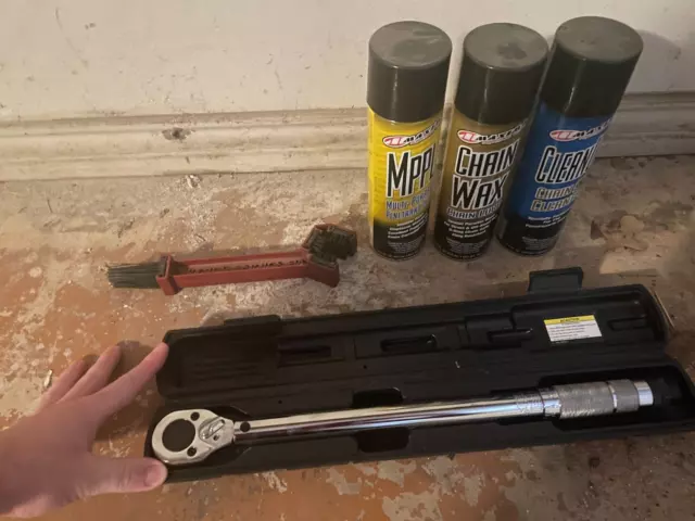 Motorcycle Chain Cleaning and Adjustment Kit - Torque Wrench, Brush, Sprays