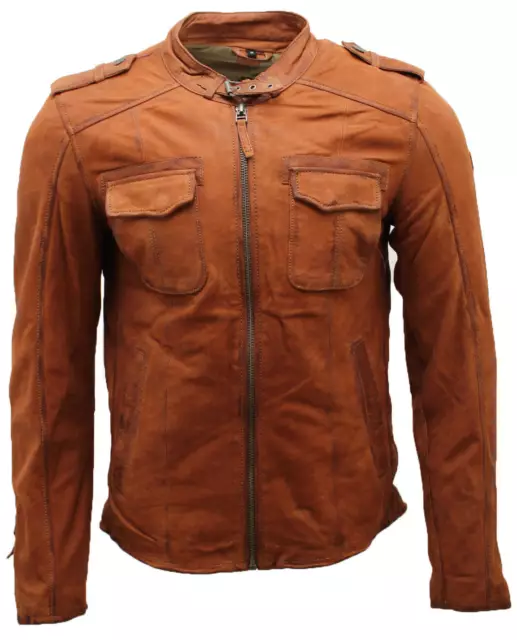 Hombres Corto Marrón Retro 100% Buff Cuero Camisa Chaqueta Estilo