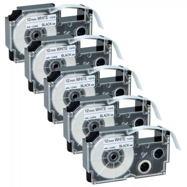 5 PK XR-12WE 12mm Black on White Label Tapes for KL-C500 1500 750B 750BA 8200