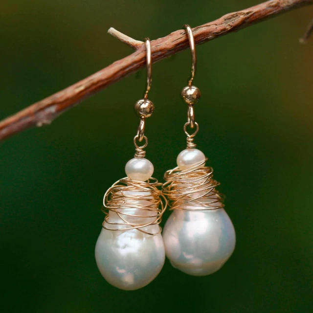 15-16mm Natural white Baroque Freshwater pearl 14k gold earrings New Year