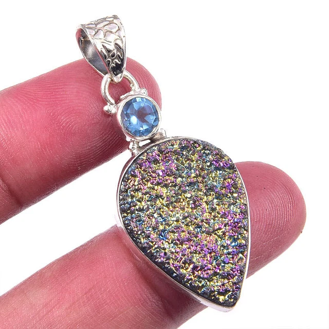 Titanium Druzy,Blue Topaz Gemstone 925 Solid Sterling Silver Pendant 1.75"