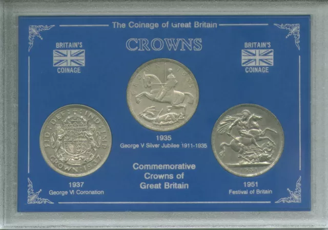 GB British Commemorative Crowns 1935 1937 1951 Crown Coin Collector Display Set