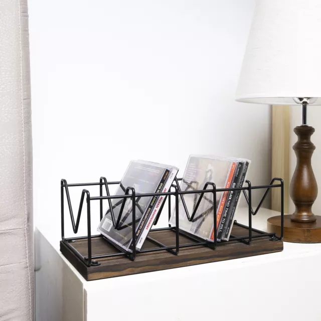 Industrial Burnt Wood & Matte Black Metal CD Holder Storage Rack, Holds 25 CDs