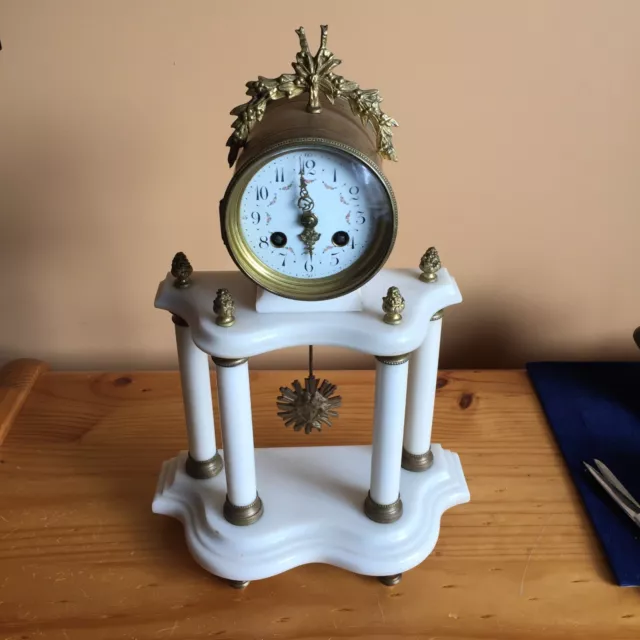 Antique White Marble Mantle Portique Clock With A Sun Pendulum