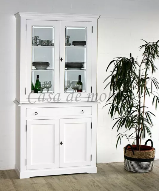 Massivholz Buffetschrank 104x207x43cm weiß Küchen Büffet Vitrine Vitrinenschrank