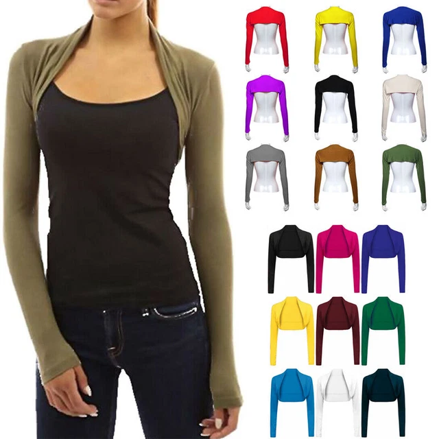 Donna Manica Lunga Tinta Unita Coprispalle Corto Bolero Cardigan da Scialle Ci -