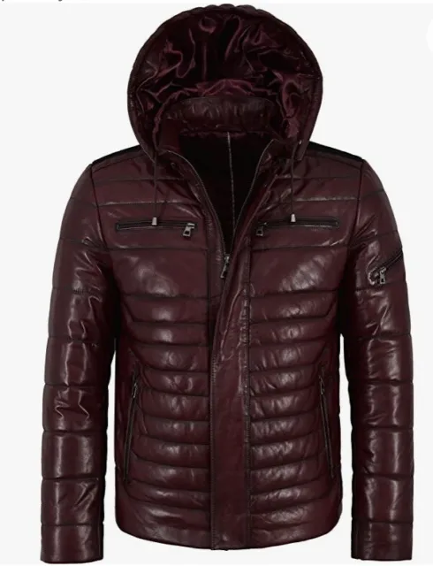 Men's Puffer Hooded Lambskin Leather Jacket Cherry Real Napa Fully Quilted BNWT