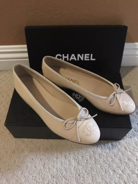 CHANEL SHOES BALLERINA Patent Leather Flat Bow Beige Cc Logo Dust