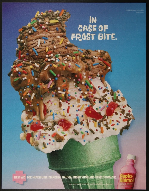 PEPTO BISMOL ICE Cream Cone Vanilla Chocolate Sprinkles Vintage Print